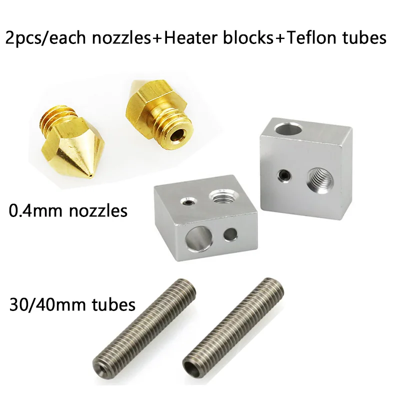 Anet cada 2 uds boquillas de 0,4mm + tubos de garganta de PTFE M6 * 30mm/40mm + bloques calefactores Hotend de calefacción para impresoras 3D MK8 Makerbot A8 A6 A2