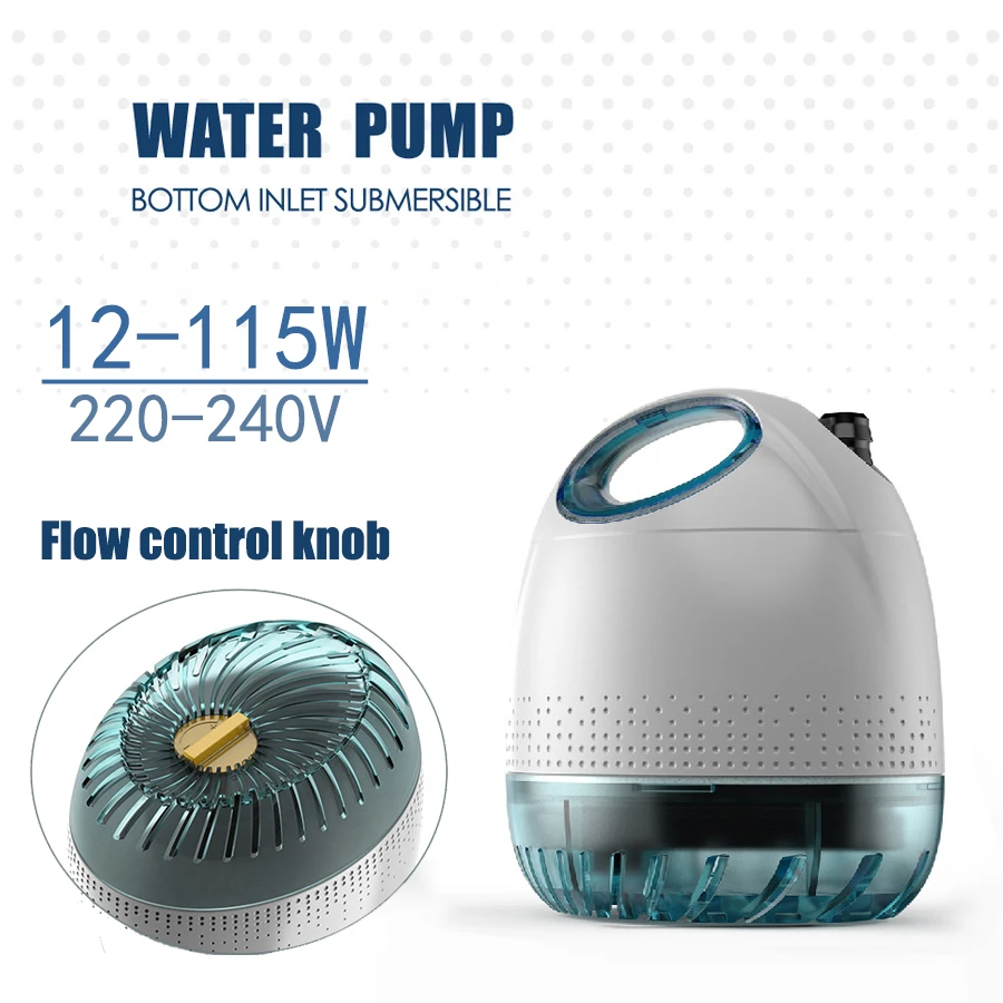 

12-115W Aquarium Submersible Pump Flow Adjustable Bottom Suction Pump Fish Tank Filter Quiet Circulation Fountain Pump 220-240V