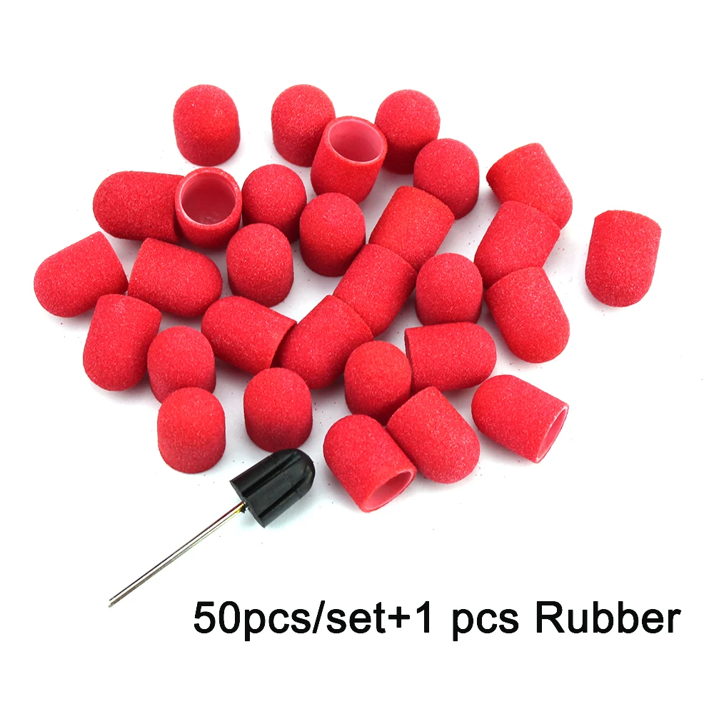 50Pcs Red Plastic Sanding Caps Nail Drill Accessories Sanding Bands Block Caps Mandrel Gel Remover Foot Care Cuticle