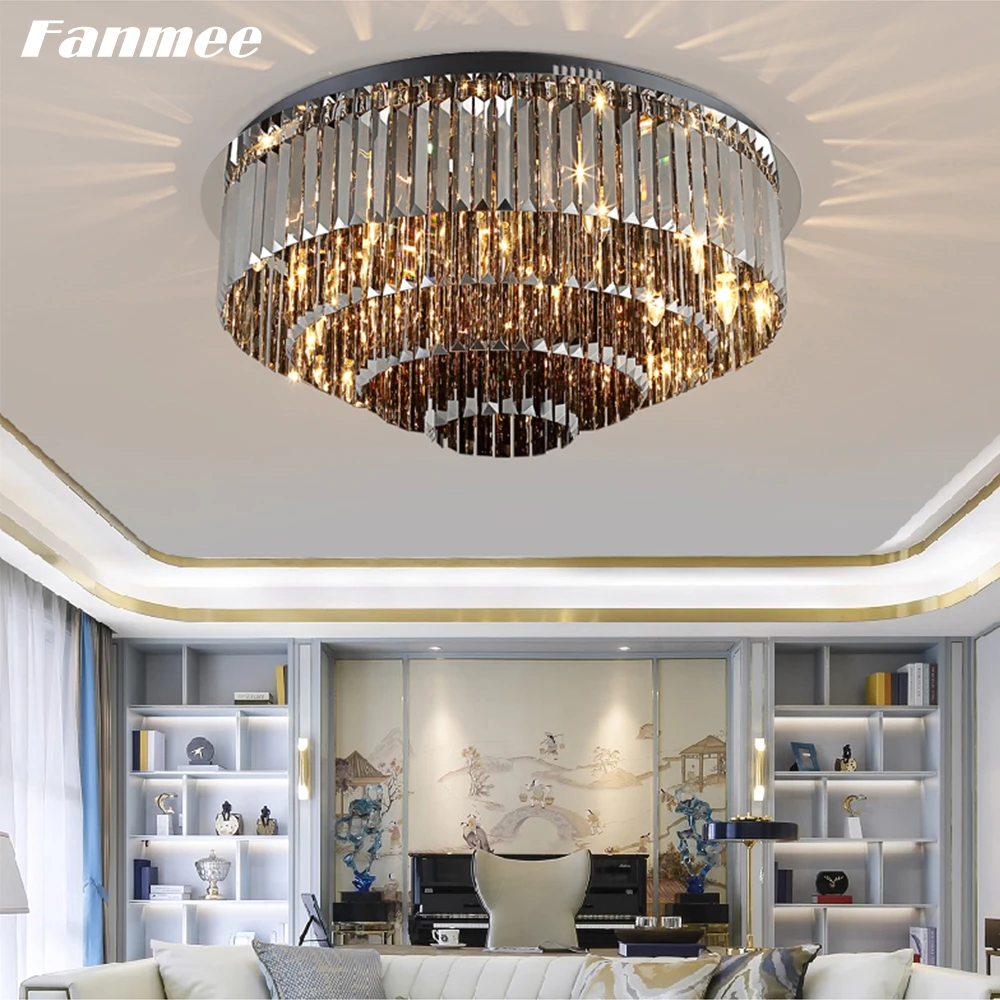 Prism Crystal Ceiling Chandelier LED Modern Round Crystal Chandelier Ceiling Lamp Living Room Decoration Flushmount for Bedroom