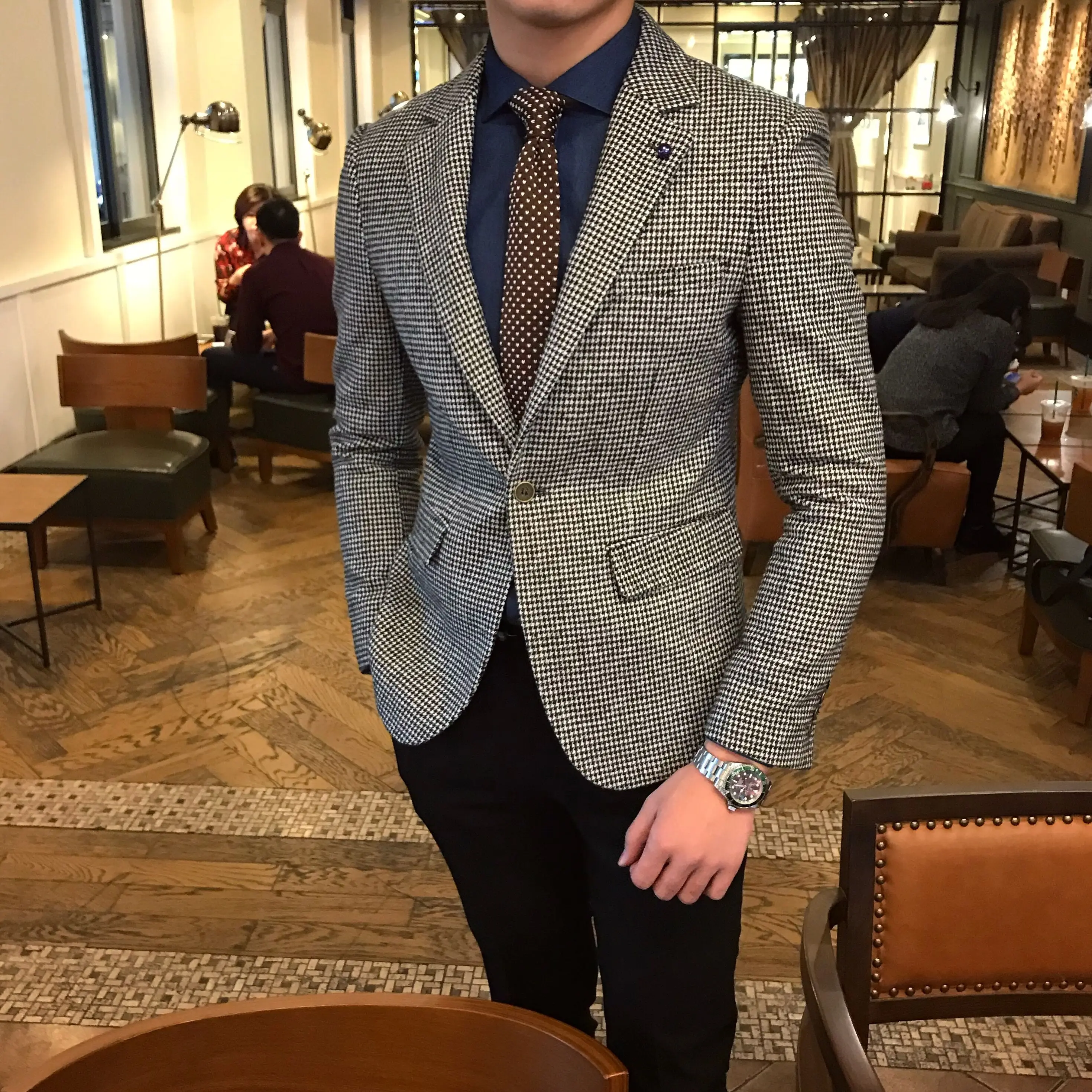 Men\'s Suit Jacket Coffee Houndstooth Wool Tweed Retro Business Tailored Collar Casual Blazer for Wedding Groomsmen Costumes 2021