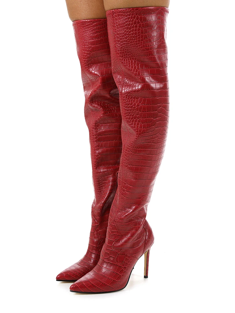 

Red Python Thigh High Boots Stiletto High Heel Sexy Pointy Toe Side Zipper Custom Made Long Boots Women Runway Party Shoes