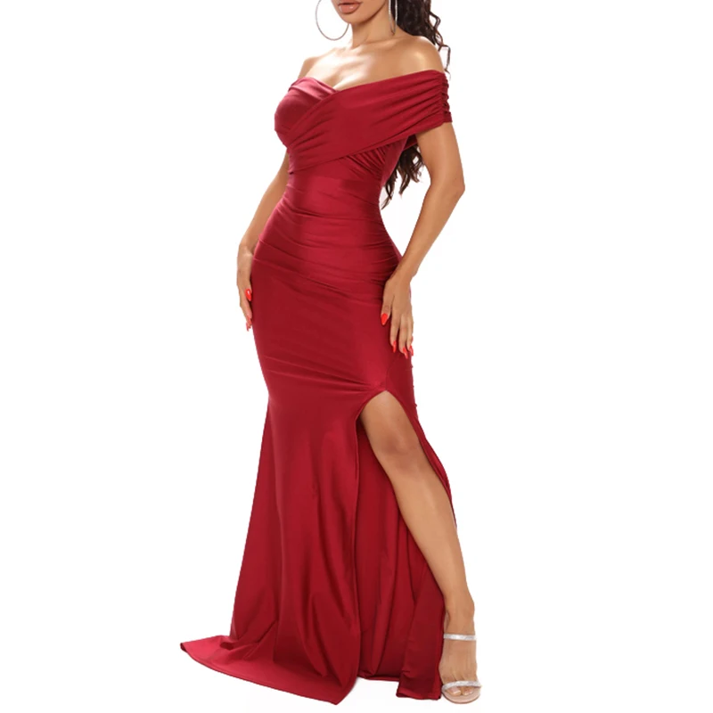 Summer Long Evening Party Dress Dark Red Stretchy Prom Sleeveless Pleated Fold Gown Off the Shoulder Side Slit Long