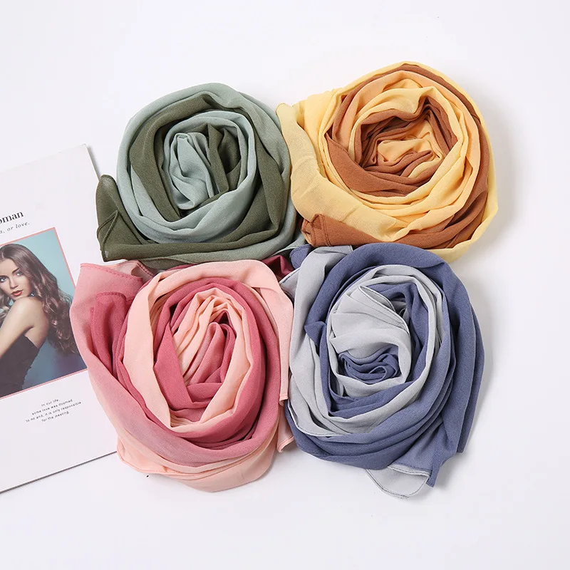 Lenço hijab feminino de tecido chiffon, lenço de duas cores em degradê para mulheres, moda 2021, novo estilo, elegante, 180x70cm, 1 peça