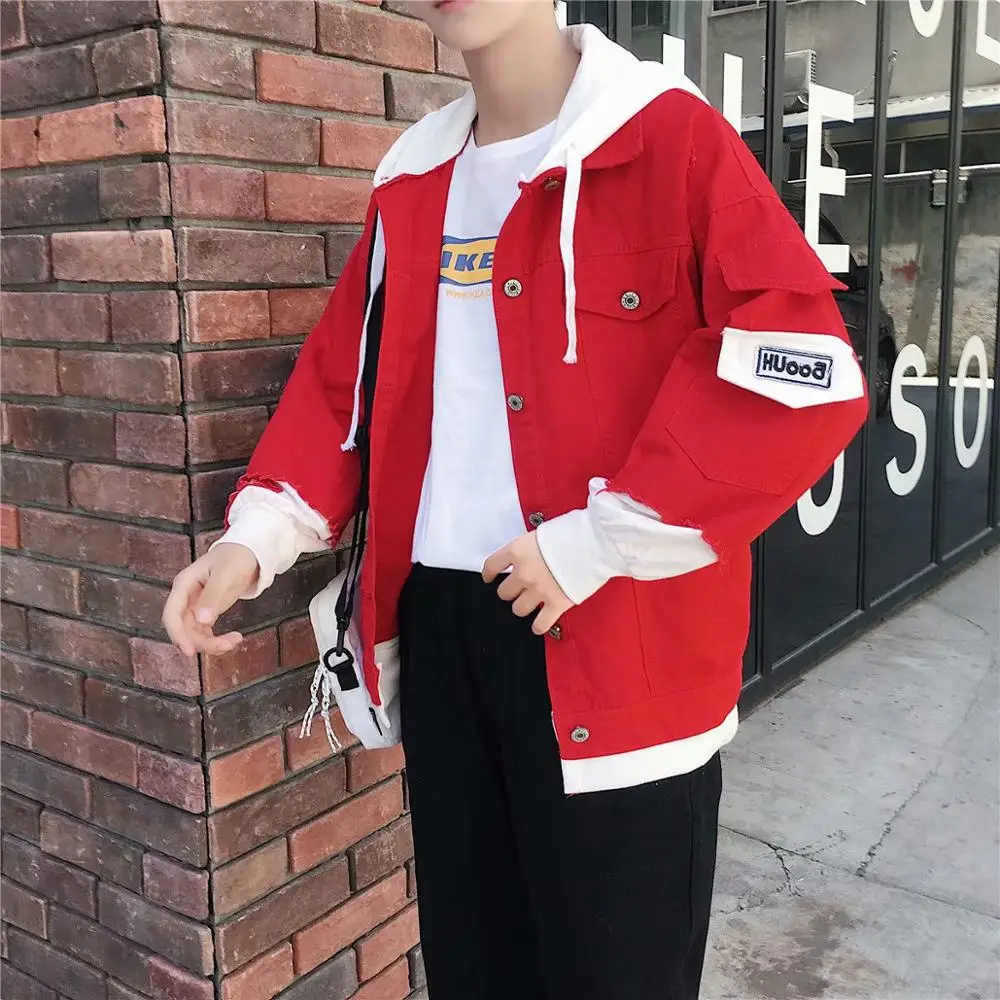 Spring Autumn 2020 Fashion Fake two pieces Korean teenagers boys youth hip-hop coat handsome students denim jacket hooded jacket