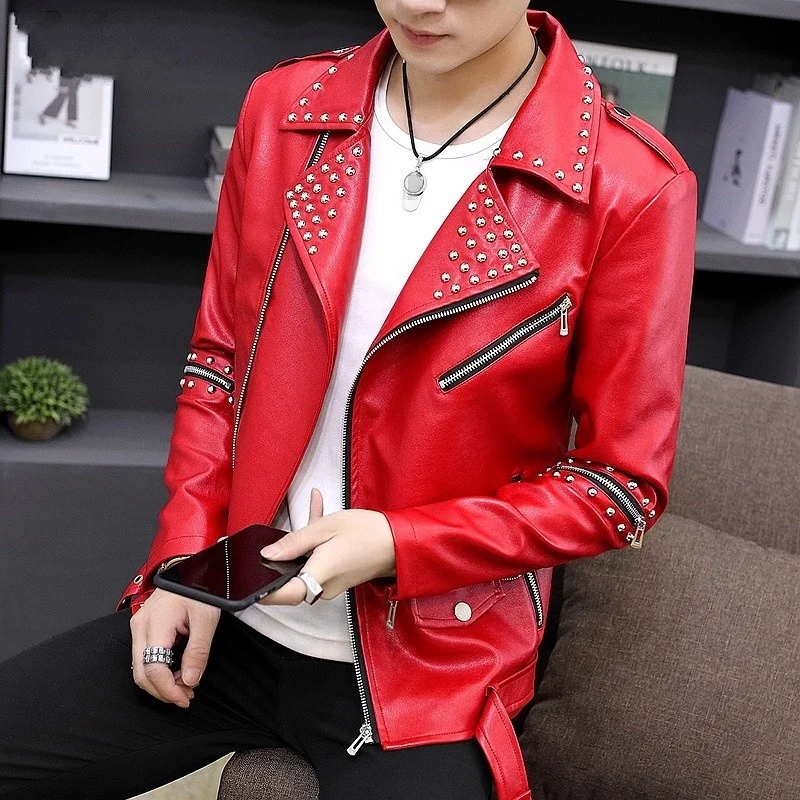 Men Personality Rivet Leather Jacket Fashion Punk Zipper Motorcycle Coat Teenager Nightclub Casual Pu Leather Lapel Slim Jacket