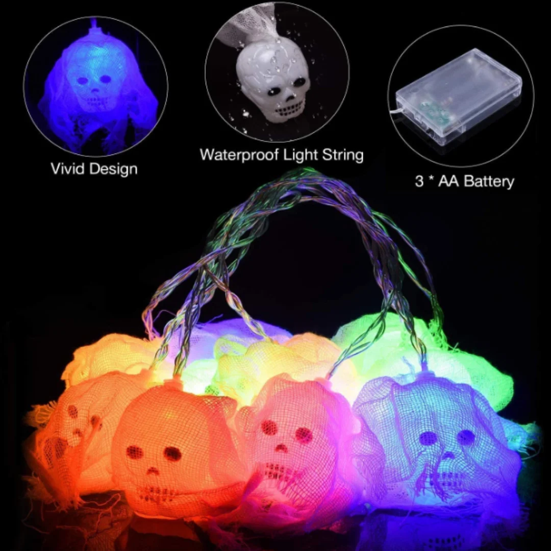 Battery Operated Skull String Lights for Halloween Decorations, Waterproof LED Lights for Livingroom, 10 LEDs