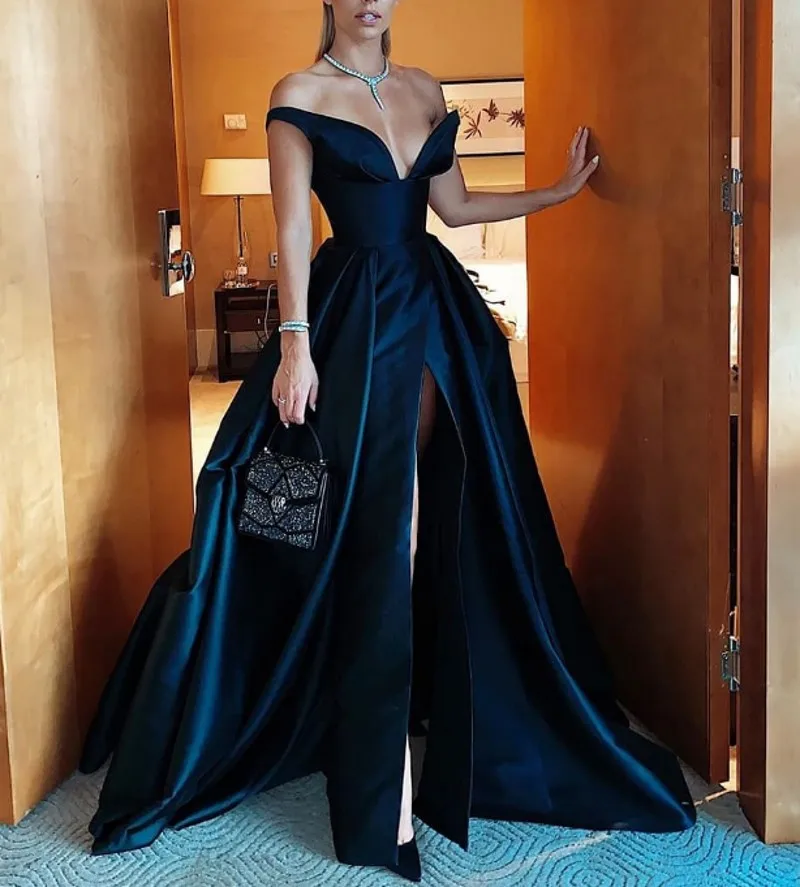 

Off The Shoulder Satin Evening Dresses Long 2021 Side Slit V-Neck Vestidos De Gala Abiye Gece Elbisesi Black Prom Formal Gowns