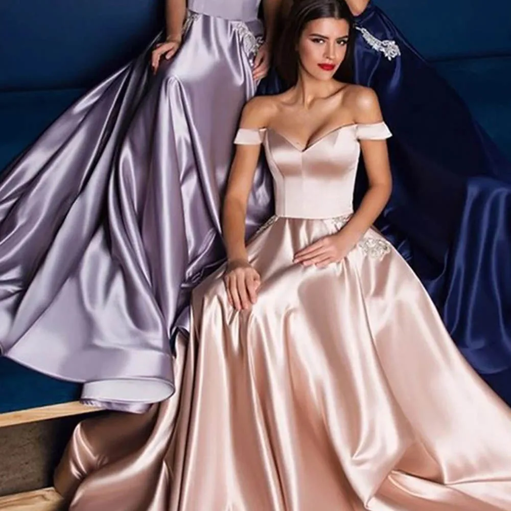

Sexy Satin Cap Sleeve Evening Dress A-Line Sweetheart Pockets Pleats Simple Off Shoulder Long Prom Gown High Quality