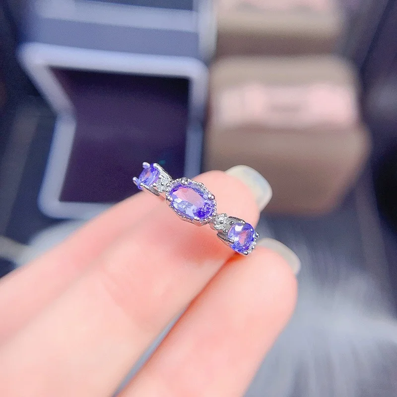 Fashion Tanzanite Silver Ring Natural VS Tanzanite Ring for Girl Solid 925 Silver Tanzanite Engagement Ring for Lady