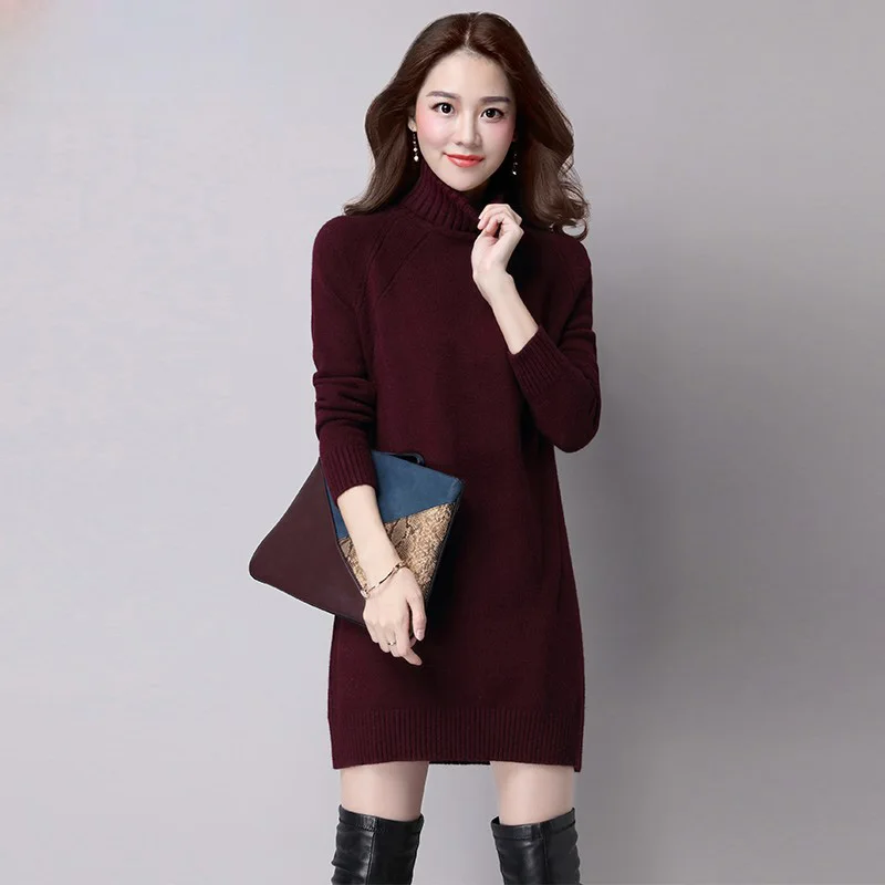 Plus Velvet Padded Sweater Dress Women New Autumn Winter Sweater Female Outer Wear Length High-Neck Knitt Bottoming Shirt Jacket