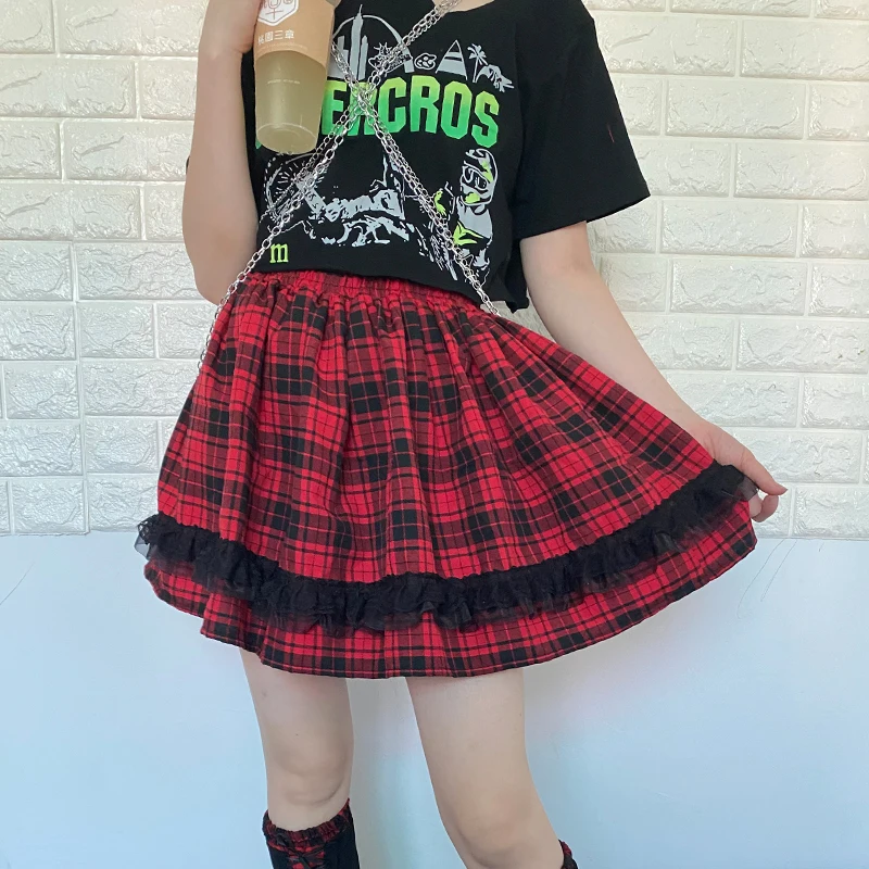 Cool Lady Street Pleated Skirts Y2k Black Red Plaid Girl Mini Skirt Gothic Lace Harajuku Empire Midi Japanses Dark Goth Clothes