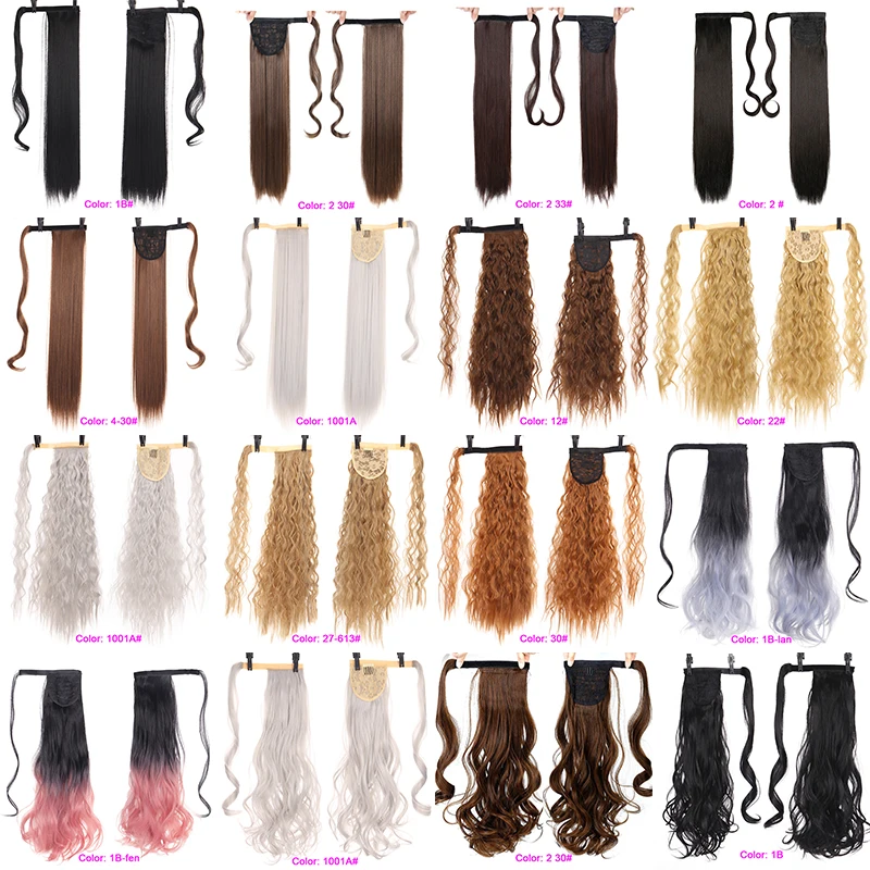 Synthetic Straight Long Natural Hair Ponytail Extension Wrap Around Clip in Hair Piece Curly Pony Tail For Woman Fake Hairpiece