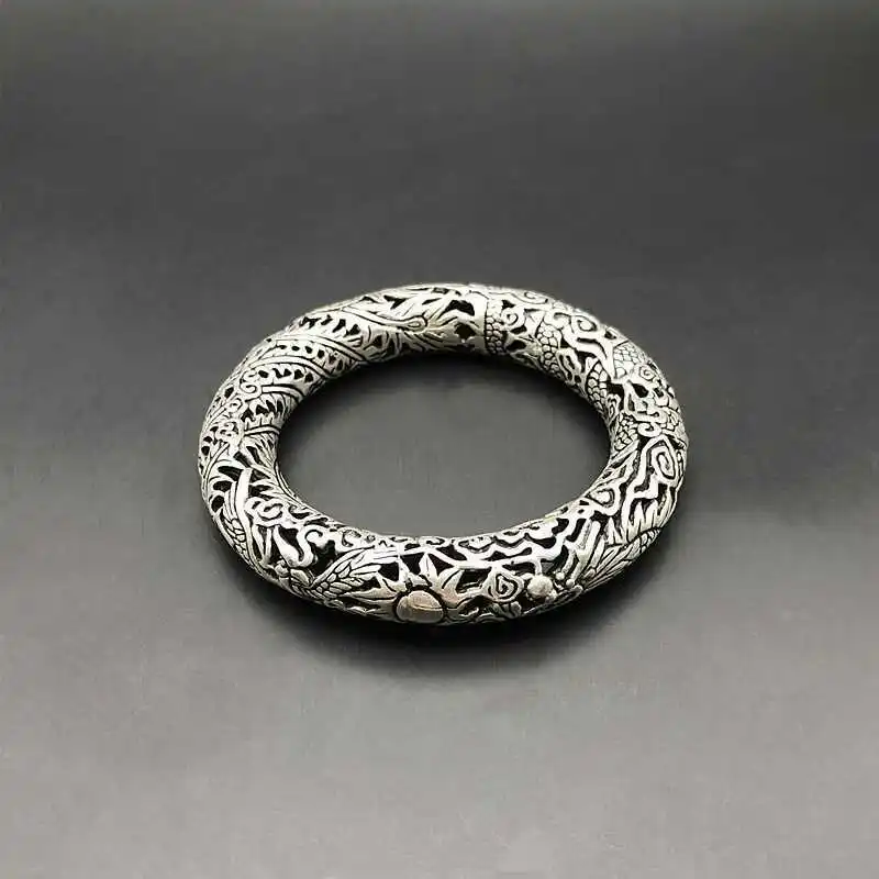 Rare Tibet silver carved DRAGON men's bracelet bangle