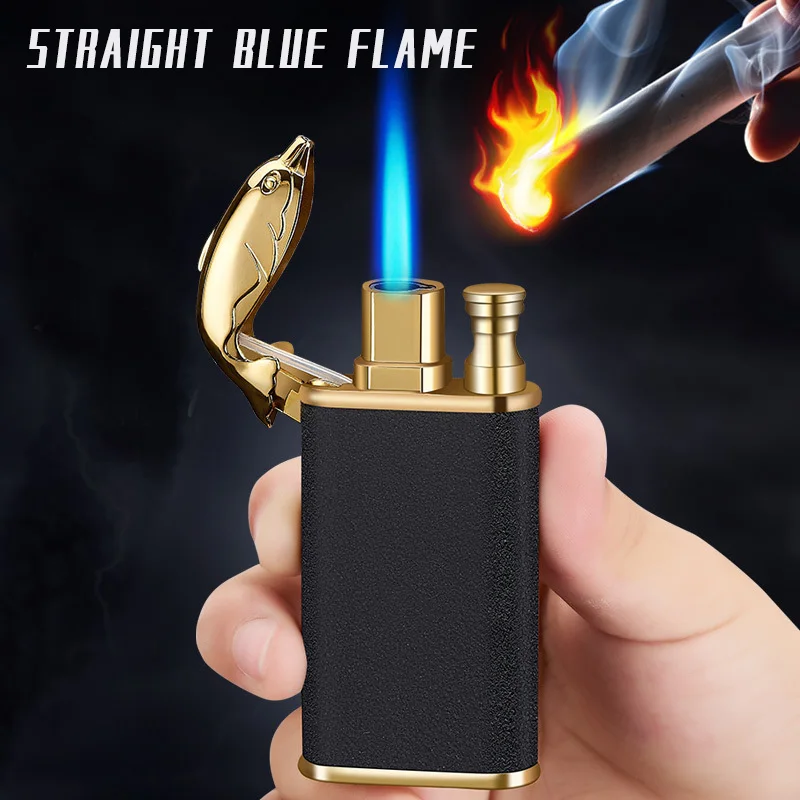 New Blue Flame Metal Crocodile Dolphin Double Fire lighter creative Direct Windproof Open Fire Conversion Lighter, Man\'s Gift