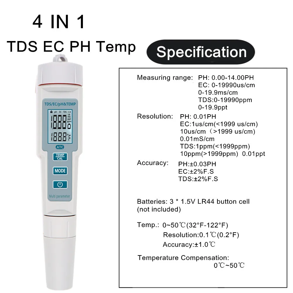 Professional 4 IN 1 TDS PH EC Temp Meter PH Tester Water Quality Testing Temperature Monitor Pen Acid Base Measurement Tools