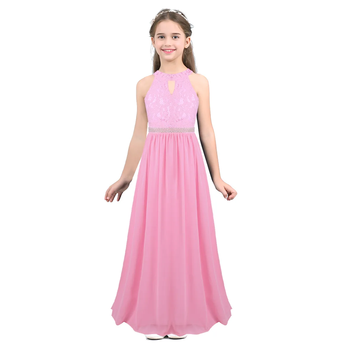 Teen Summer Lace Chiffon Halter Beaded Waist Flower Girls Dress Princess Pageant Evening Wedding damigella d'onore Birthday Party Dress