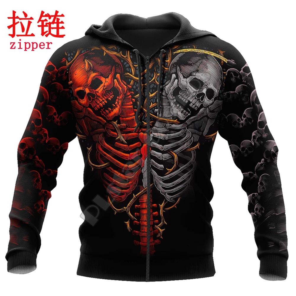 Sudadera con capucha para hombre, ropa deportiva informal con estampado 3D de tatuaje de calavera gemela, con cremallera, Unisex, de otoño, DW836