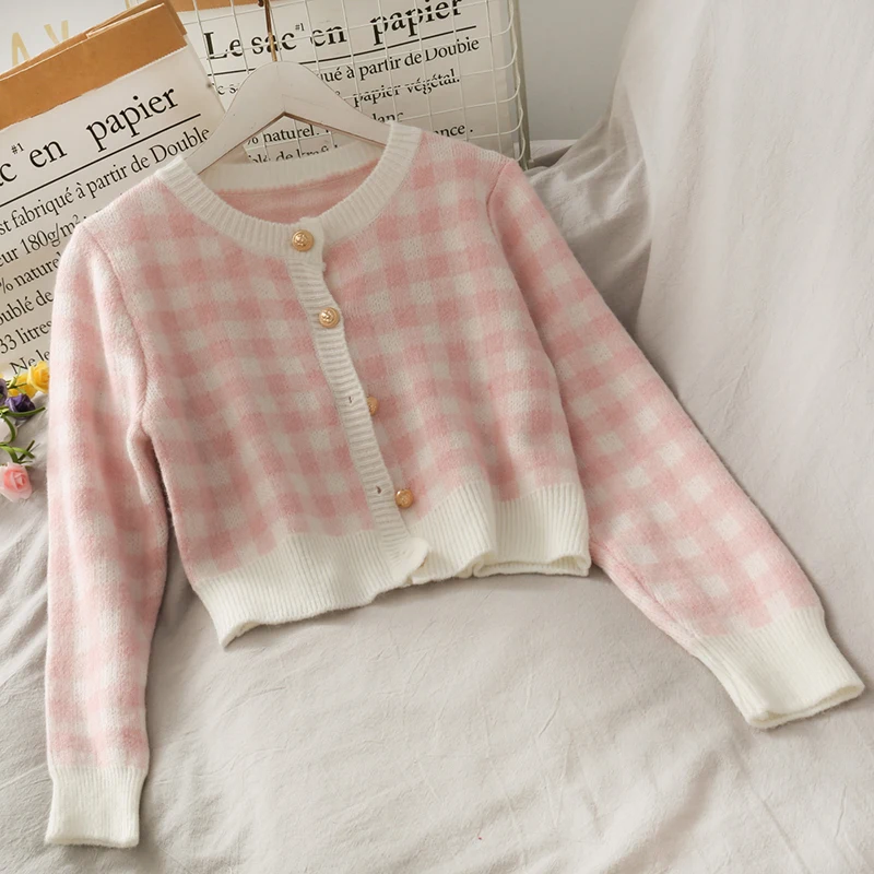 Sweet Plaid Three-Piece Women's New O Neck Single-Breasted Long-Sleeved Loose Sweater with Short Strap Two Piece Set Skirt