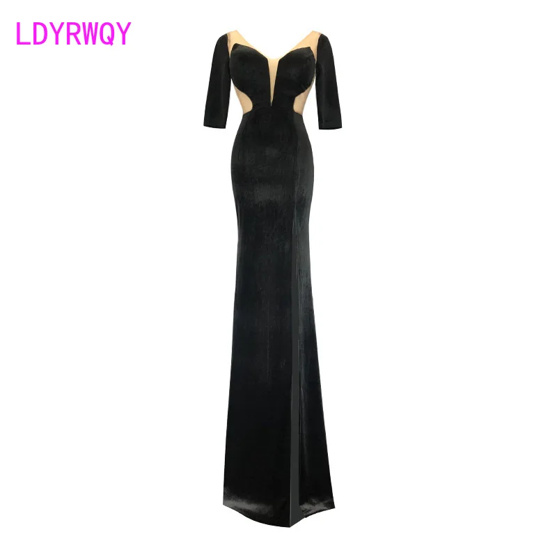 LDYRWQY  Sexy low-cut velvet see-through dress temperament halter high-slit mopping floor female long skirt car model