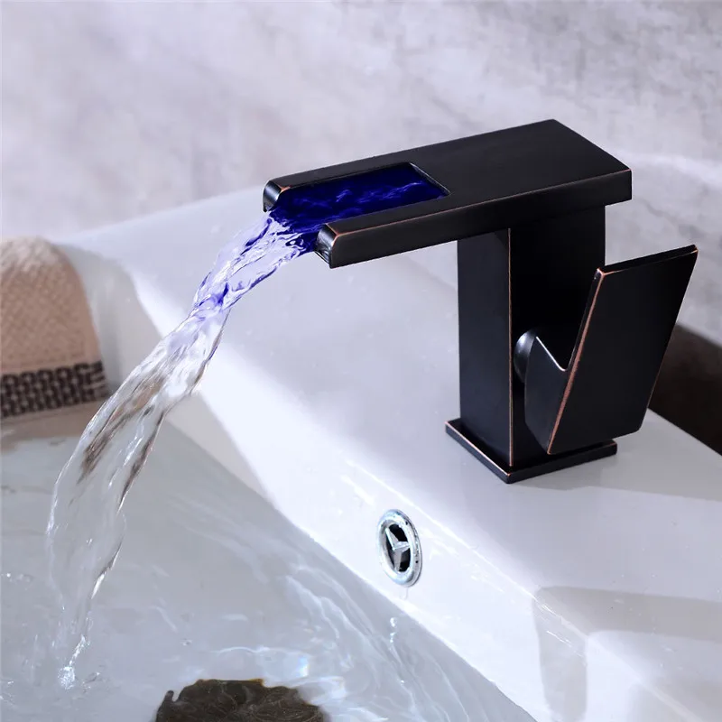 

Vidric LED Faucet hot and cold Square Black Oil Basin Faucet Brass Waterfall Crane Sink Faucet Single Handle water tap New Arriv