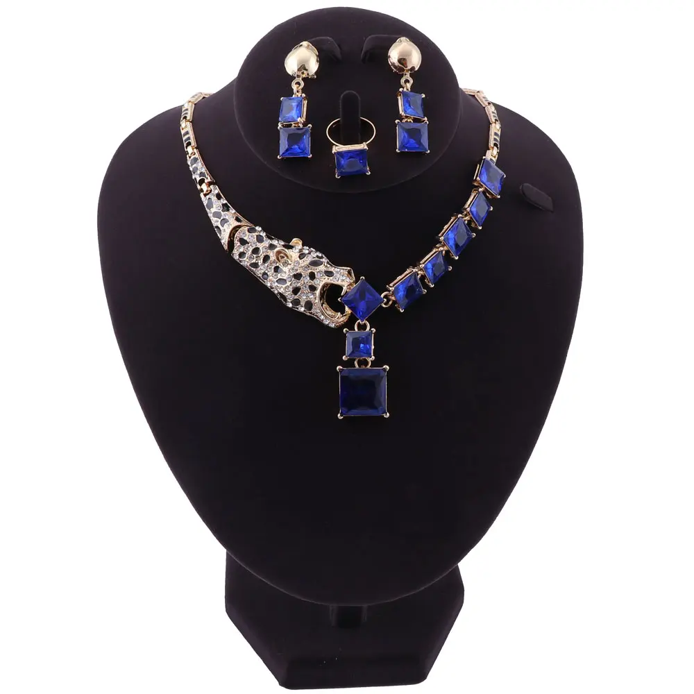 Luxury Gold Color Blue Crystal Leopard Statement Necklace Earring Ring For Women Party Wedding Jewelry Sets