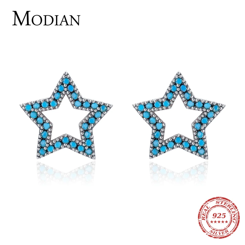 

MODIAN New 925 Sterling Silver Vintage Stars Turquoise Ear Studs Fashion Hollow Out Charm Female Stud Earrings For Women Jewelry