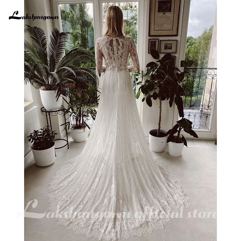 Summer New Beach Long Sleeve Backless A-Line Wedding Dress Lace Transparent Sweep Bohemian Modern Long Bridal Gown Custom Made