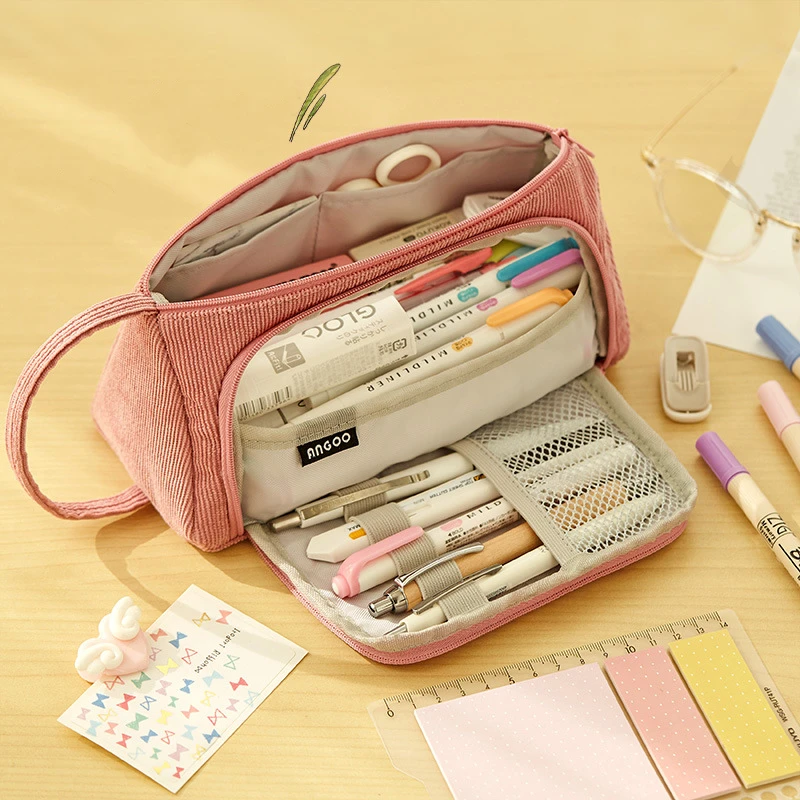 Angoo Corduroy Pen Bag Pencil Case Light Color Multi Slot Easy Handle Carry Storage Pouch Organizer Stationery School F443