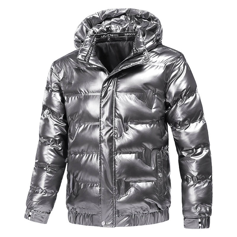 Chaqueta de cuero brillante para hombre, Parka informal, prendas de vestir impermeables, acolchado, soporte cálido con capucha, abrigo de invierno, novedad