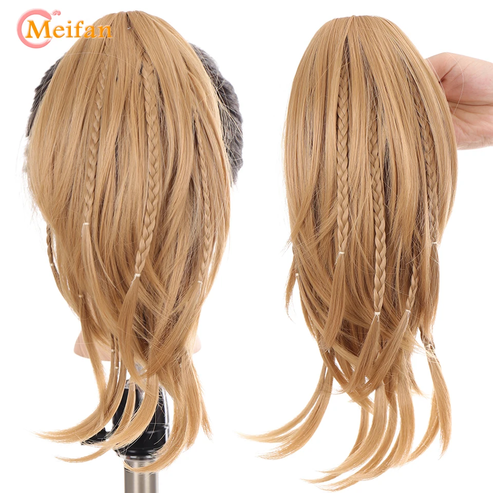 MEIFAN-coleta trenzada de pelo sintético, extensión de cabello con Clip, color rubio y negro, cola gris