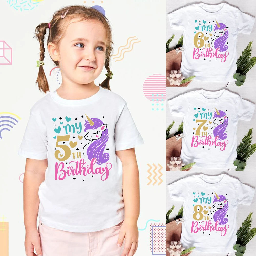 

Cartoon Unicorn Printed Kids Girls Summer Birthday T-shirts Short Sleeve T Shirt Size 1-8 Year Children Party Clothes Tees Tops