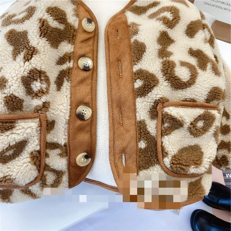 2-7Y Girls Jacket Leopard Print Fashion Lamb Cashmere Plus Velvet Thick Coat Jacket 21 Autumn Winter New Children\'s Clothing