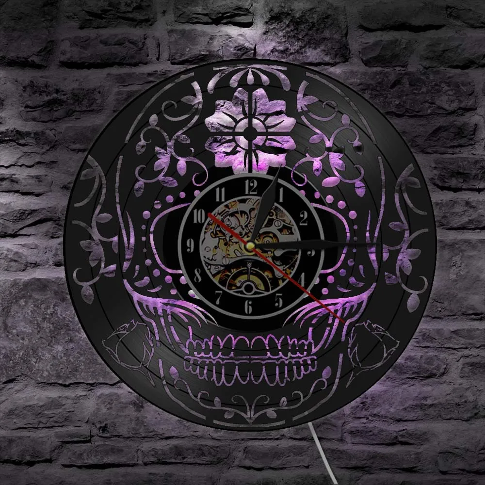 The Day of the Dead Vinyl Record Wall Clock Modern Design Skull Día de los Muertos Home Decor Silent Clock Lighting Wall Lamp