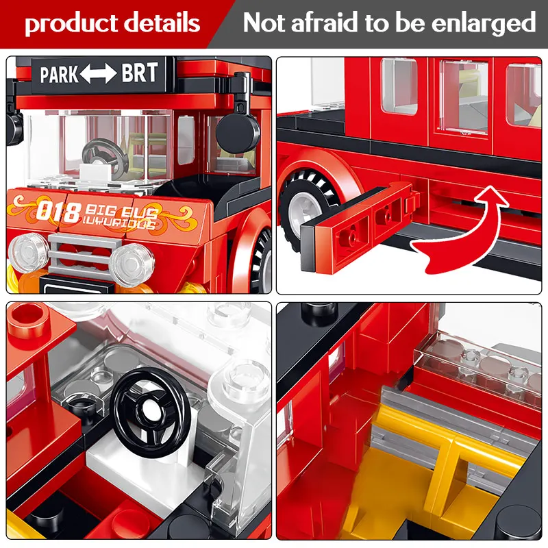 398PCS Brt Double Deck Bus Building Blocks Red Bus City School Car Bricks Enlightenment Toys for Kids