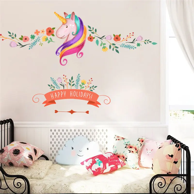 Cute Unicorn With Flower Vine Wall Stickers For Kids Room Girls Bedroom Home Decoration Animal Mural Ar Diy Wall Decal