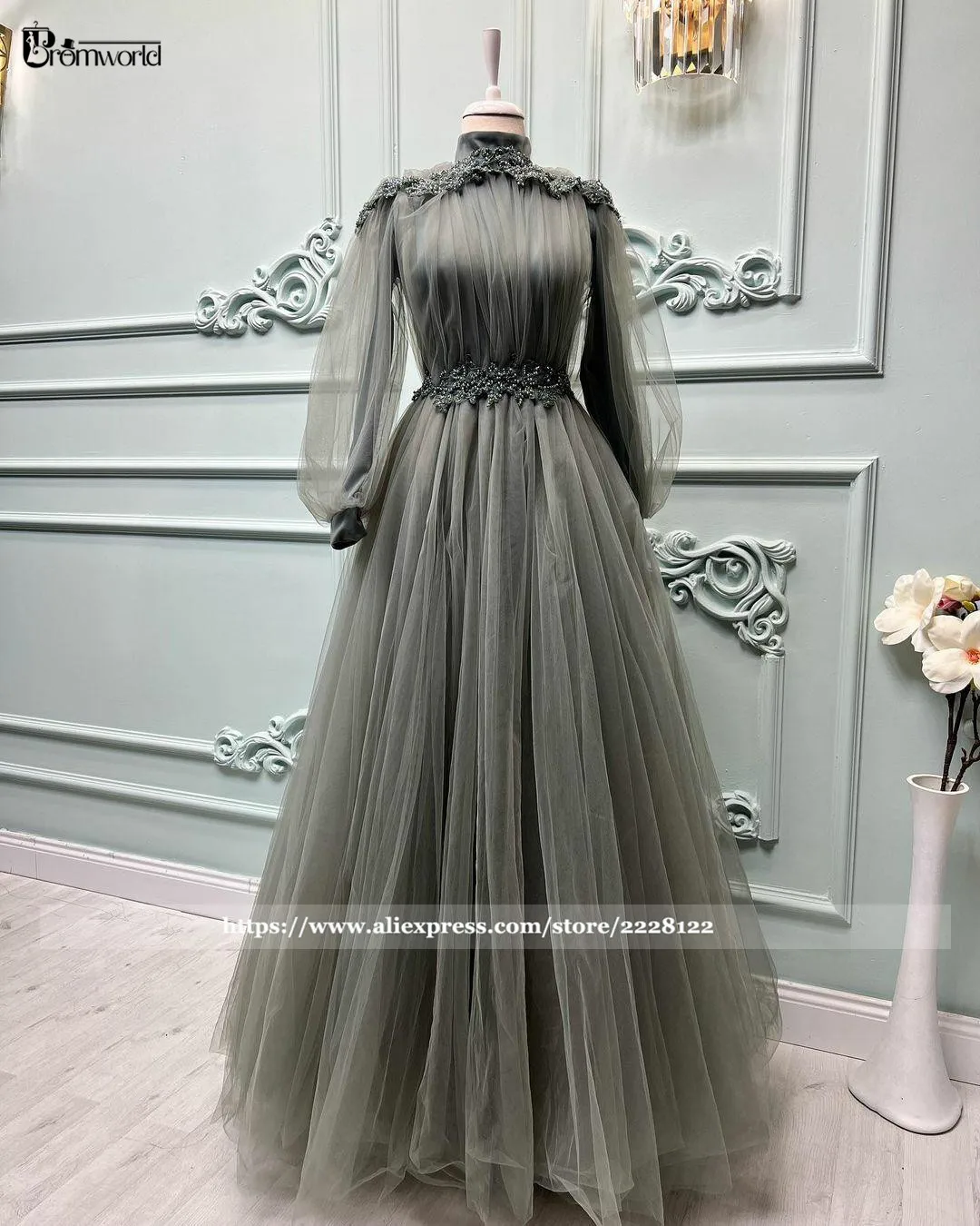 Robe de Soirée Élégante en Tulle et Dentelle Perlée pour Femme, Tenue de Forme Trapèze à Manches sulf, Col Haut, Grande Taille, Bal de Promo, 2022