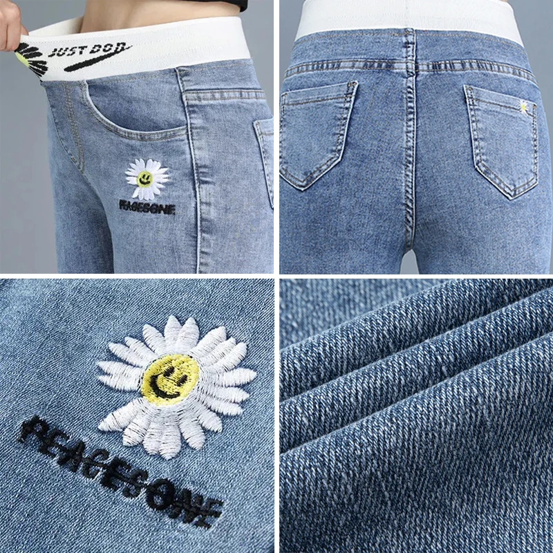 Oversize 34 High Waist Stretch Jeans Women Fashion Daisy Embroidery Skinny Pencil Vaqueros Casual Denim Leggings Cowboy Pants