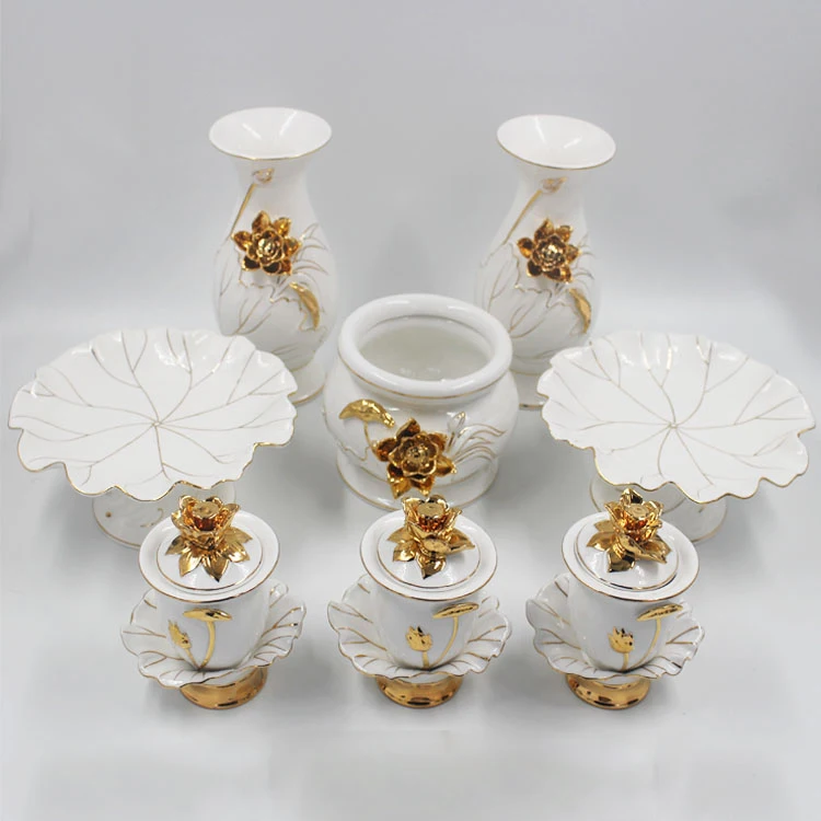Gold Buddha Set with Incense Burner Lotus Cup Water Bottle And Lotus Plate - Buddhist Supplies for Home Decor And Ornaments