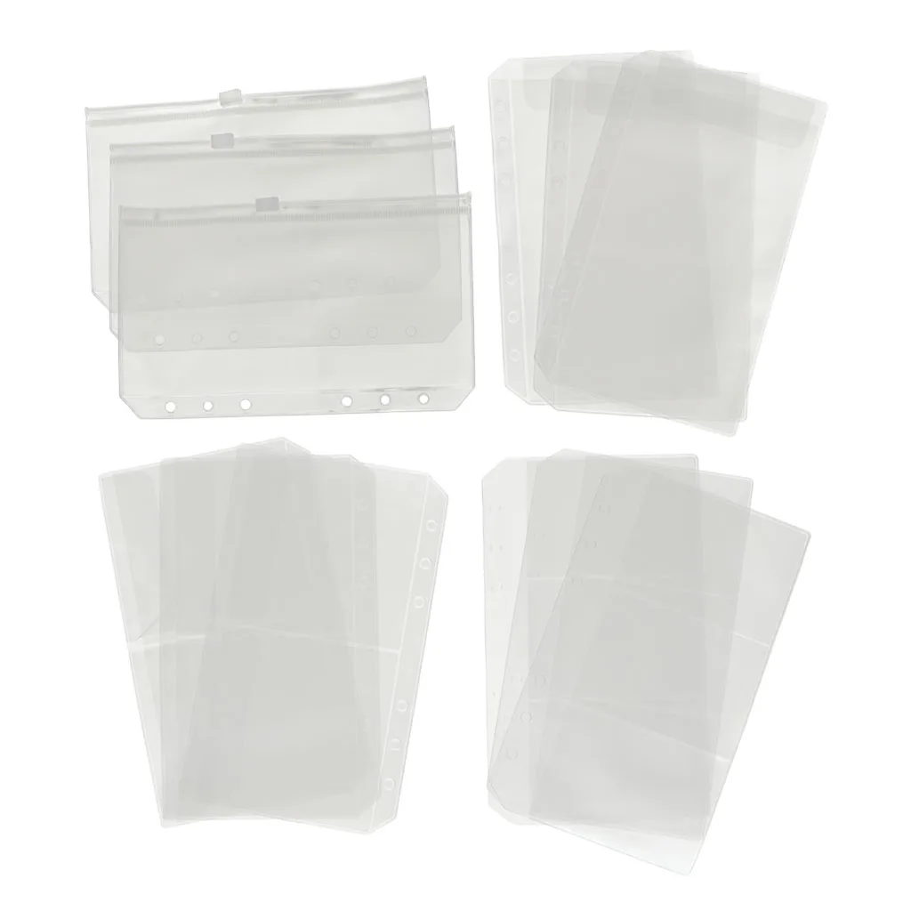 12Pcs Clear PVC Binder Pockets Zipper Folder Fit for 6 Rings Notebook Documents Cards Collection Bag