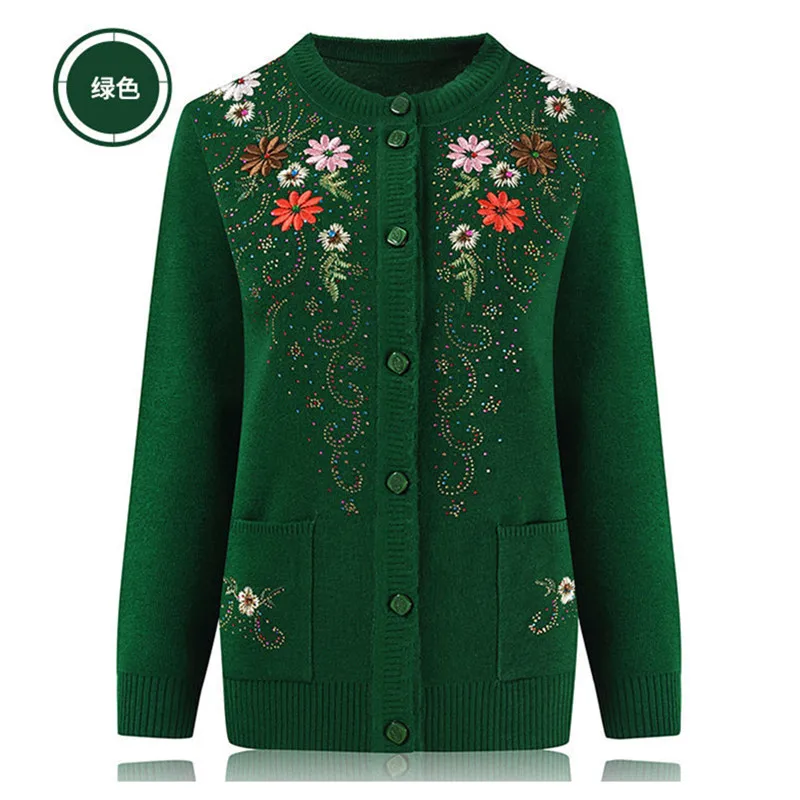 Middle-aged and elderly women\'s Embroidery Knit Cardigan Jacket Single-breasted Slim Sweater Coat Thin Grandma Spring Clothing