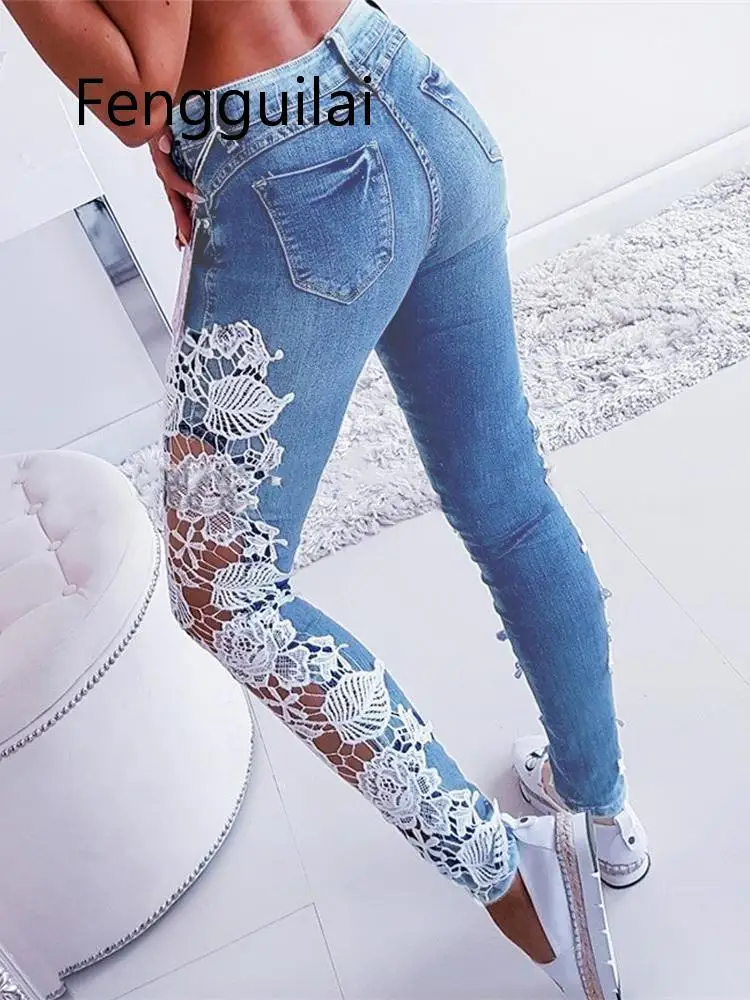 2020 Autumn Women Elegant Sexy Denim Pencil Skinny Jeans Female Fashion  3XL XXXL Lace Floral Crochet Hollow-Out Jeans