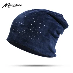 2019 Winter Velour Slouchy Beanie Hat for Women Cashion Rhinestones Diamond Skullies&Beanies Female Balavaca Soft Warm Hats