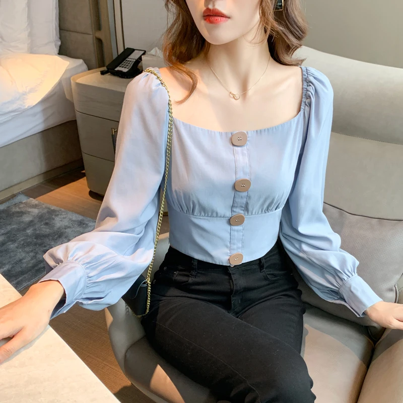 Women Tops 2020 Autumn New Korean Retro Square Collar Exposed Clavicle Long Sleeve Shirt Short Blouse Women Button Decoration