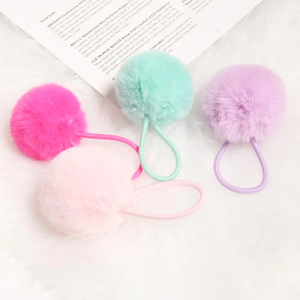 Furling Girl 15 Colors Fluffy Faux Rabbit Fur Pompoms Hair Elastic Hairbands Handmade Ball Hair Accessories Hair Rope for Ladies