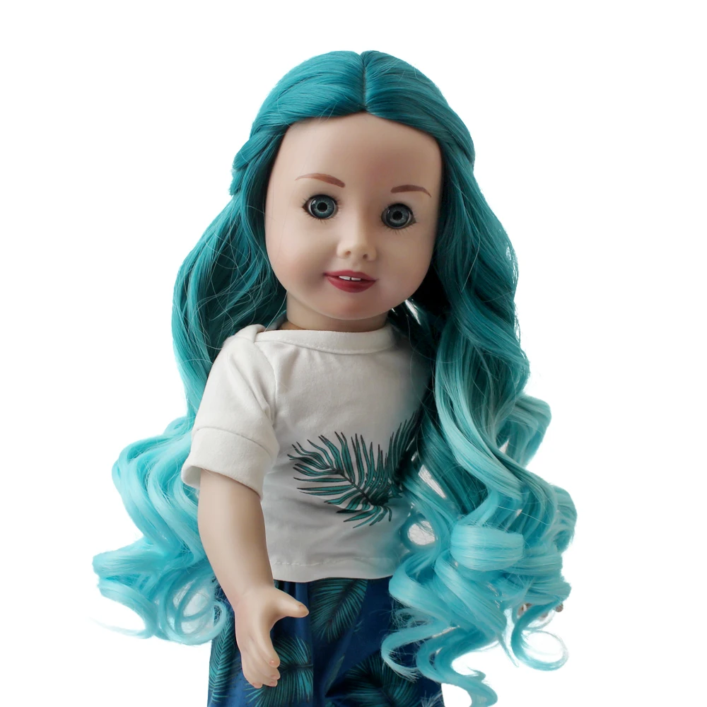 

Aidolla 18inch American Doll Wig Gradient Blue Long Curly Hair Doll Accessories High Temperature Fiber Wavy Wig For DIY Doll