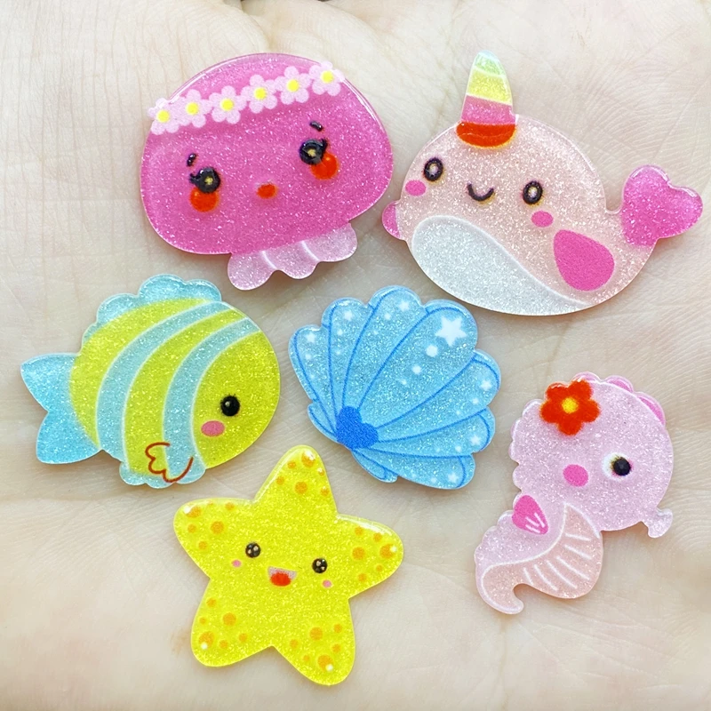 30Pcs Acrylic Kawaii Mini Ocean Series Flatback Cabochon Scrapbook Hair Bows Clips DIY Embellishments Accessories D63
