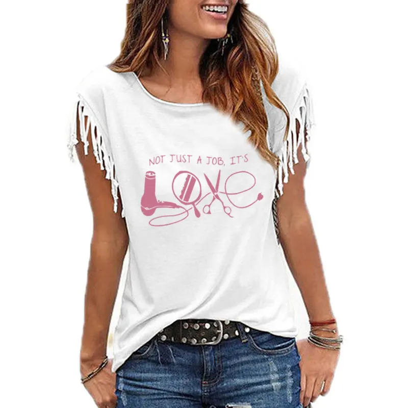 2021 New Summer Hairdresser T Shirt High Quality Leisure Women Short Sleeve Cotton Sexy Tassel Tee Tops