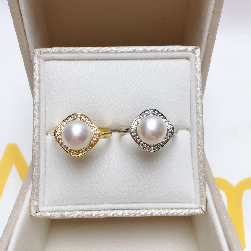 ZHBORUINI 2024 New Pearl Ring 14K Gold Filled Square Simple Vintage Zircon 100% Real Natural Pearl Female Jewelry For Woman