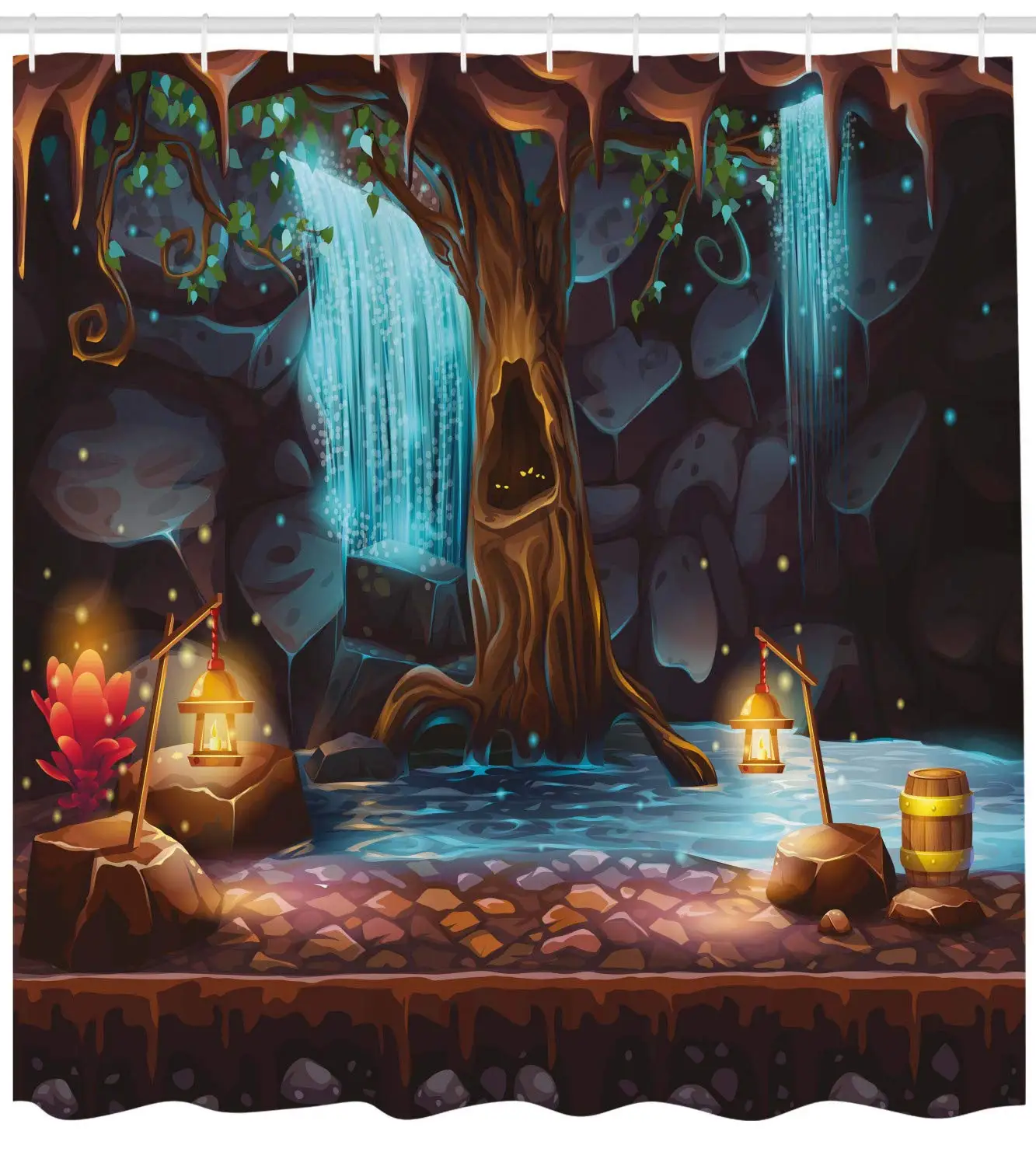 Fantasy Decor Shower Curtain by Enchanted Forest with Cave Waterfall and Magic Tree Barrel of Gold Elf Image Bathroom Decor Set